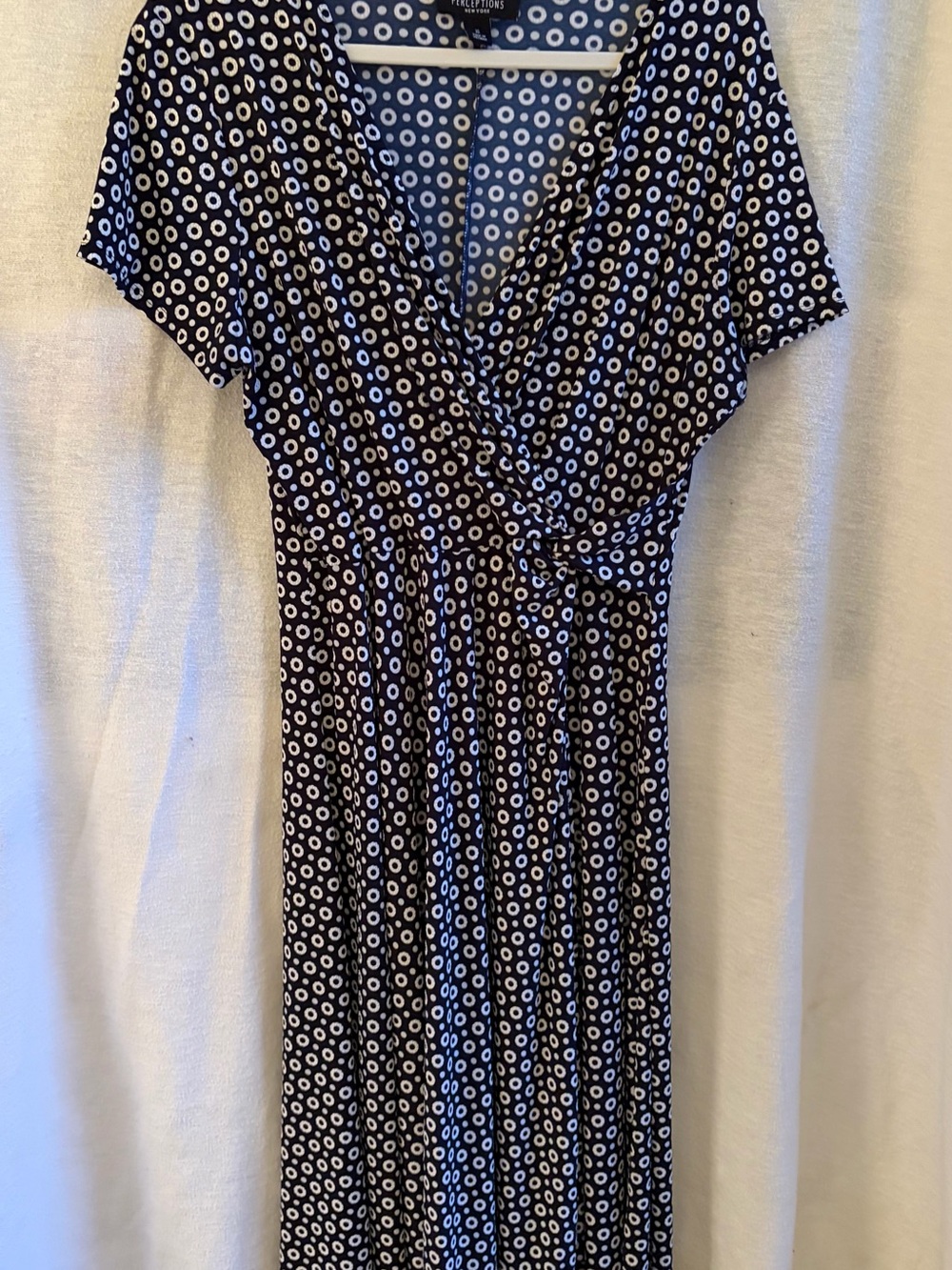Perceptions Black & White Dot-Print Wrap Midi Dress with Tie Waist